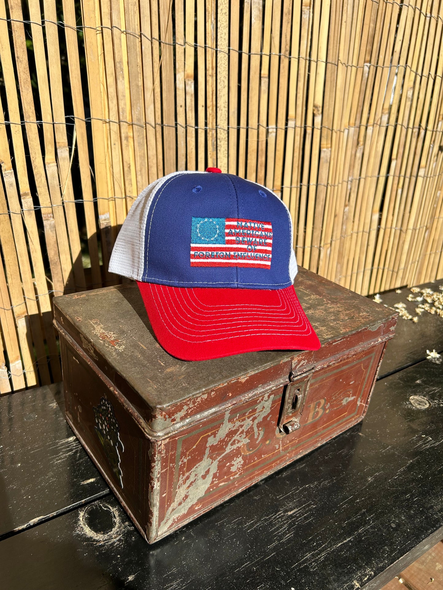 "Beware of Foreign Influence" Red, White, and Blue Trucker Cap