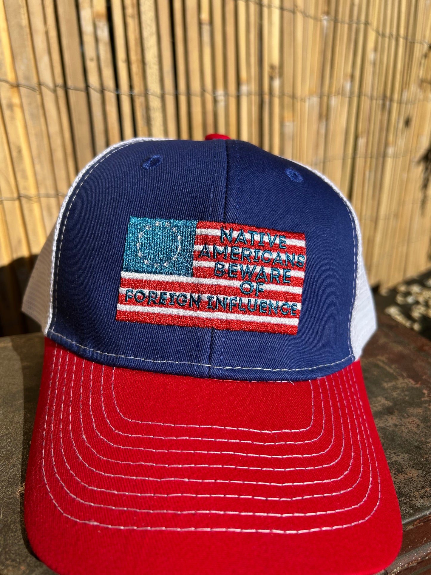 "Beware of Foreign Influence" Red, White, and Blue Trucker Cap
