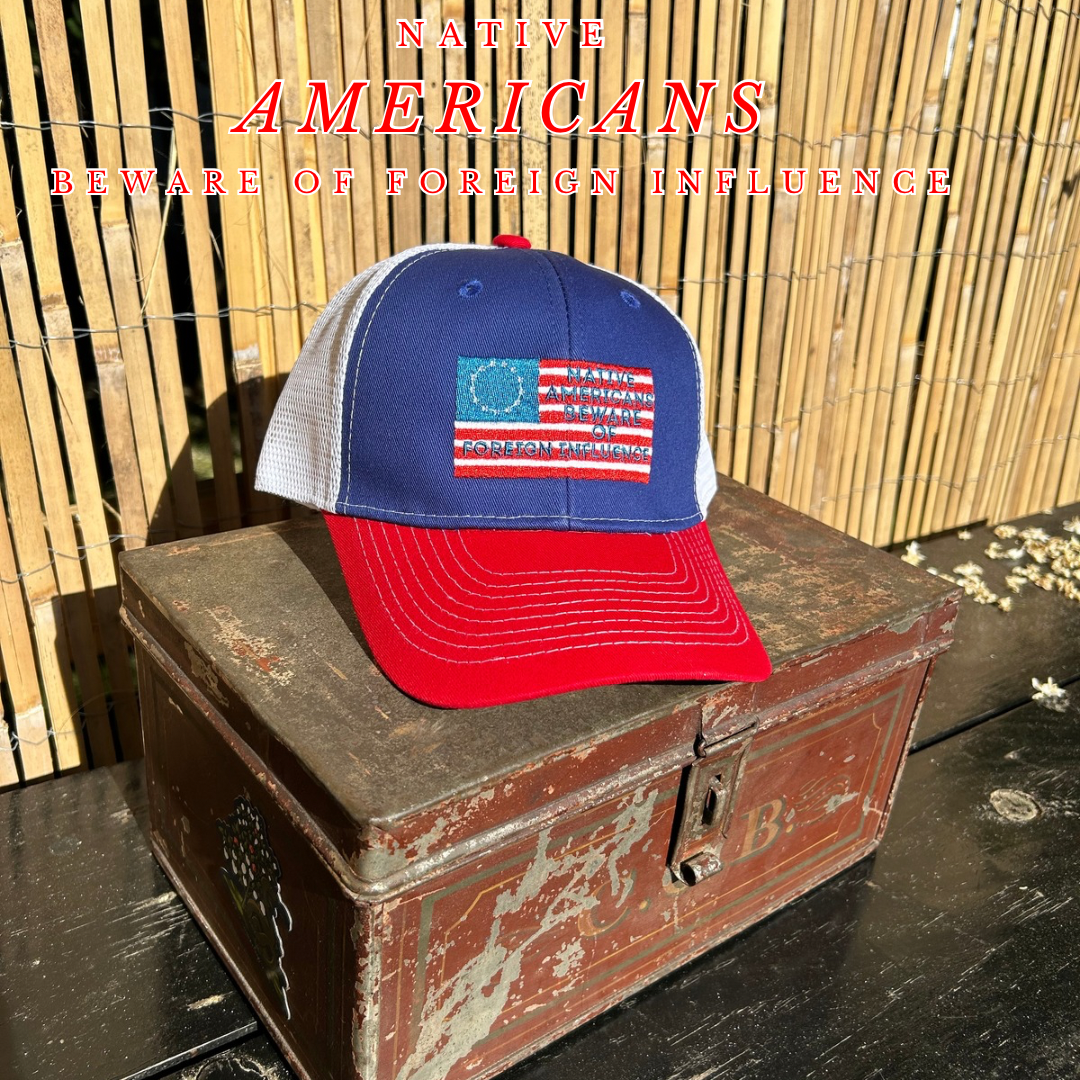 "Beware of Foreign Influence" Red, White, and Blue Trucker Cap